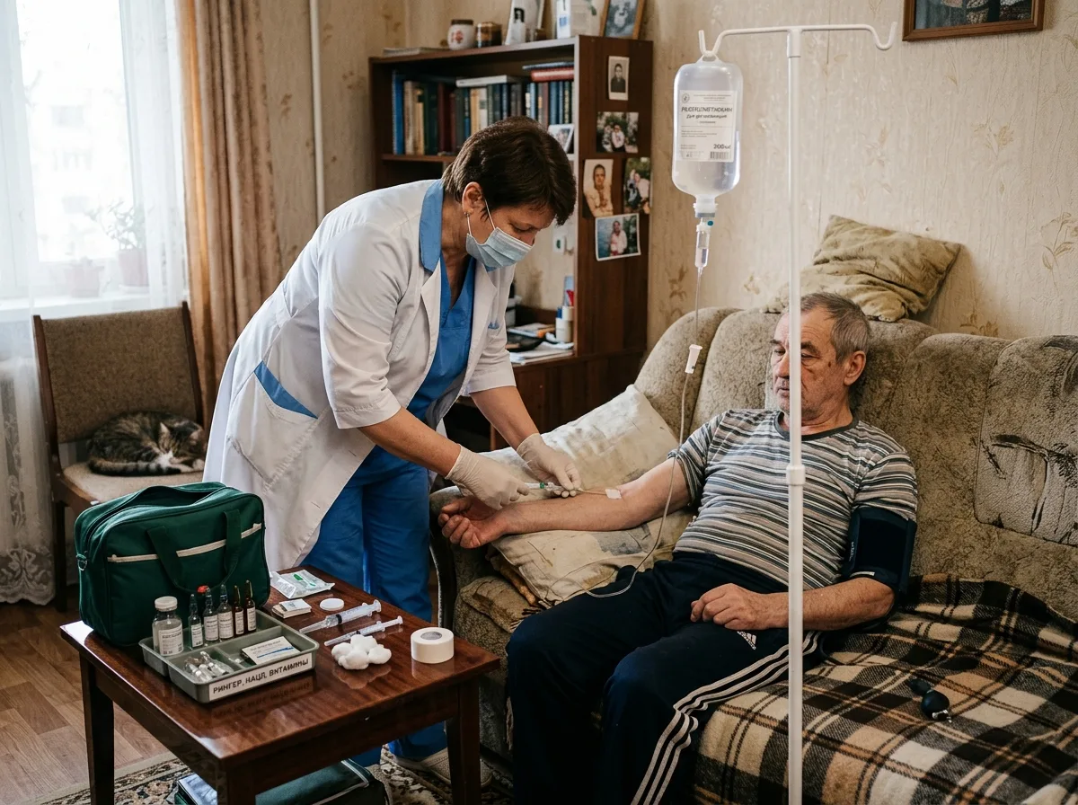 Врач ставит капельницу пациенту на дому, домашняя обстановка, медицинские инструменты на столе, детоксикация при запое